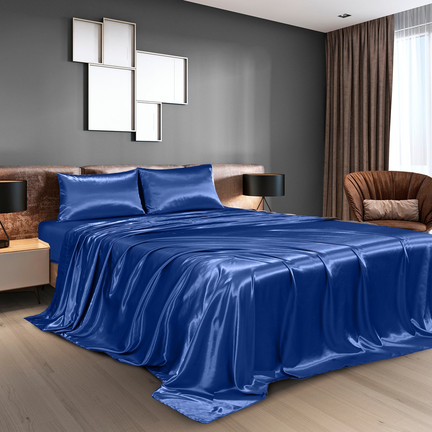 Satin Sheet Set 4 Piece Fitted Flat Sheet Pillowcases - Navy Blue