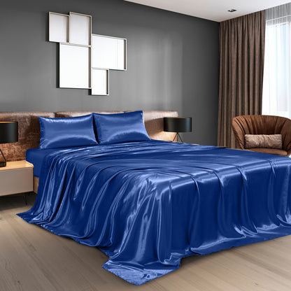 Satin Sheet Set 4 Piece Fitted Flat Sheet Pillowcases - Navy Blue
