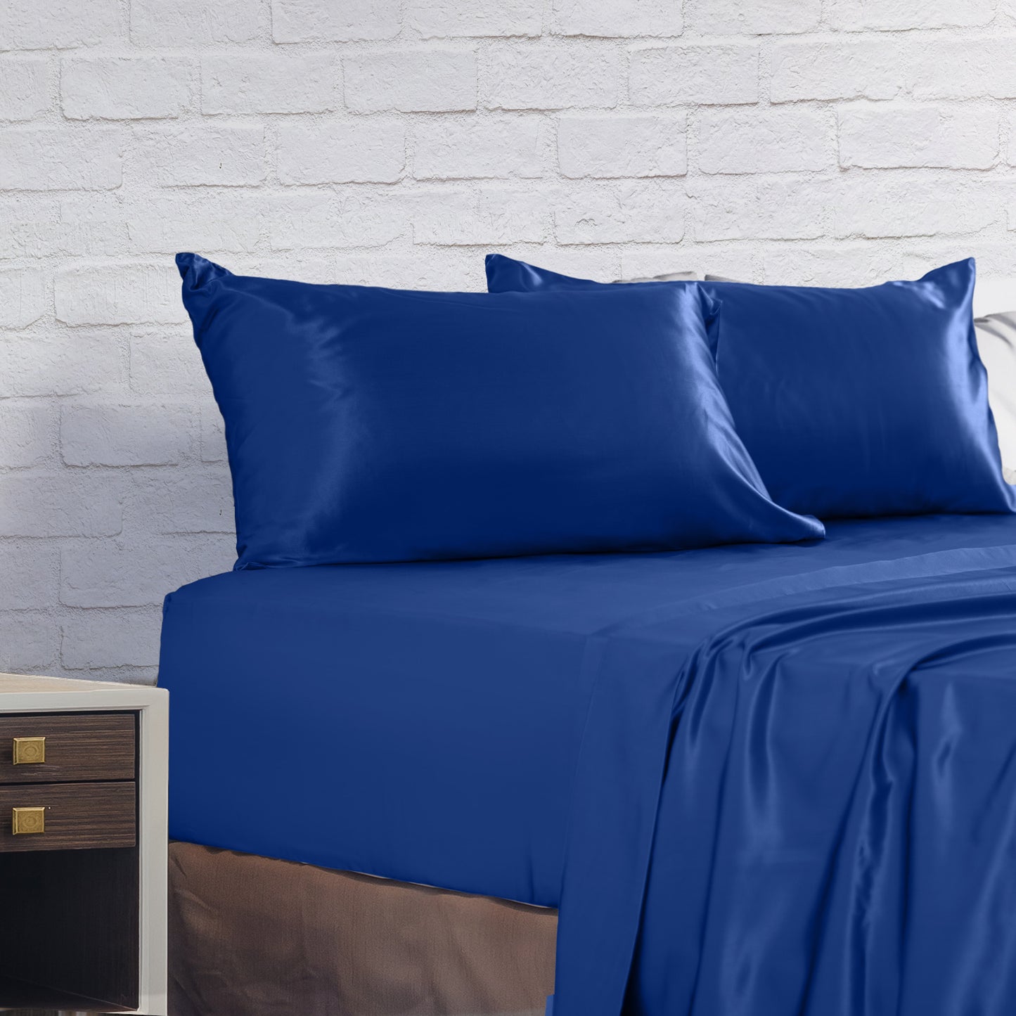 Satin Sheet Set 4 Piece Fitted Flat Sheet Pillowcases - Navy Blue