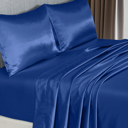 Satin Sheet Set 4 Piece Fitted Flat Sheet Pillowcases - Navy Blue