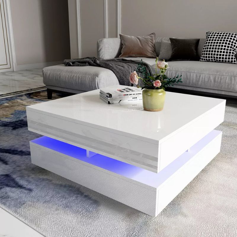 LED Lights Modern Large High Gloss Coffee Table - White