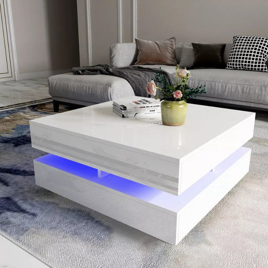 LED Lights Modern Large High Gloss Coffee Table - White