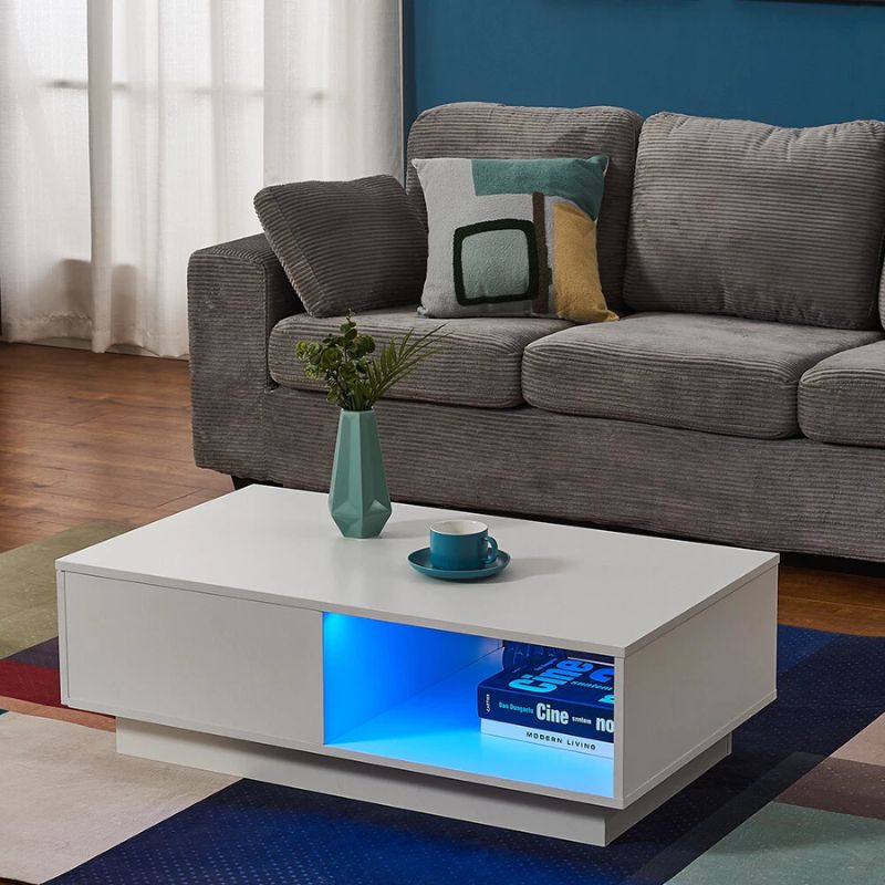 LED High Gloss Top White Coffee Table With Single Drawer