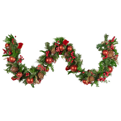 Christabelle 185cm Christmas Garland Lush Green Holiday Garland with Red Berries, Baubles & Pine Cones Pre-Decorated Festive Shelf or Banister Decoration
