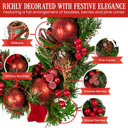 Christabelle 185cm Christmas Garland Lush Green Holiday Garland with Red Berries, Baubles & Pine Cones Pre-Decorated Festive Shelf or Banister Decoration