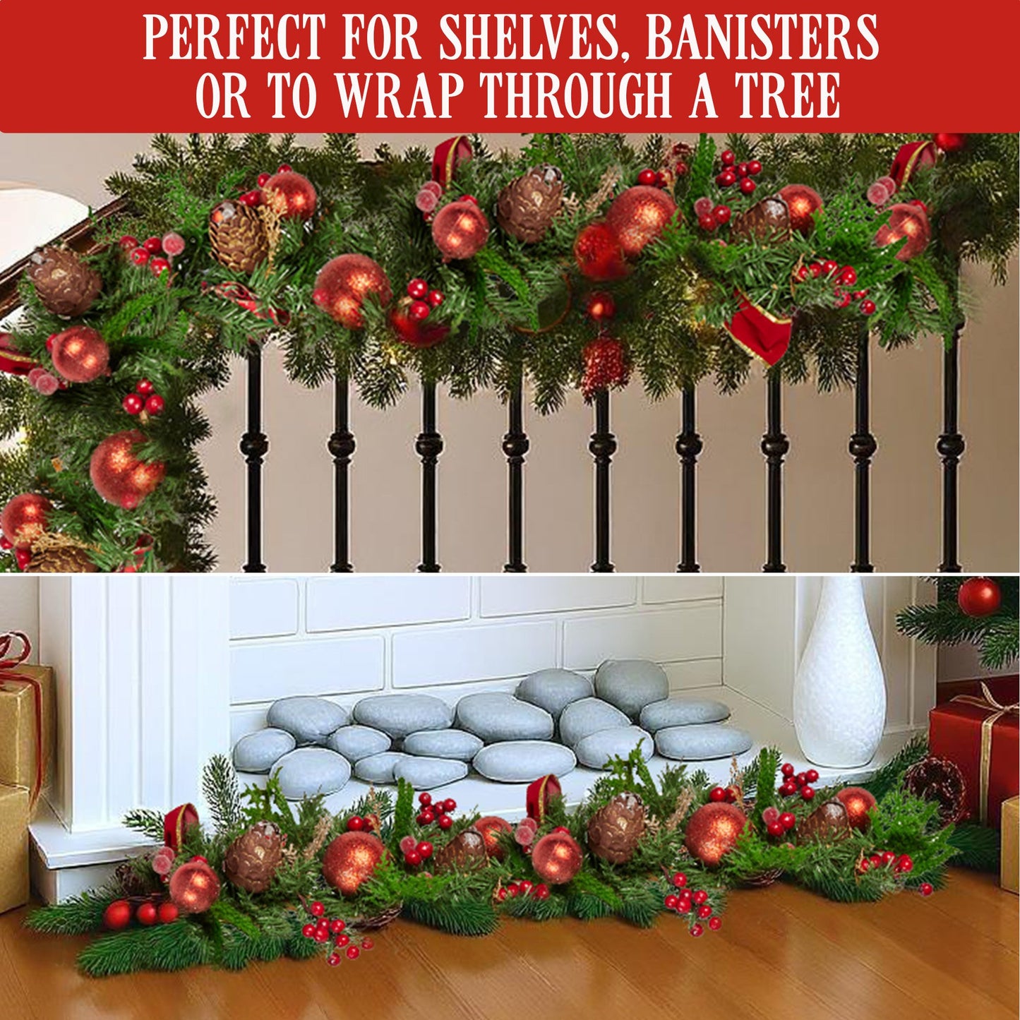 Christabelle 185cm Christmas Garland Lush Green Holiday Garland with Red Berries, Baubles & Pine Cones Pre-Decorated Festive Shelf or Banister Decoration