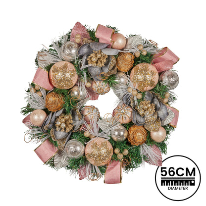 Christabelle 56cm Christmas Wreath Lush Green Holiday Door Wreath w/Jewelled Baubles, Foliage, Flowers, Pine Cones, Ribb