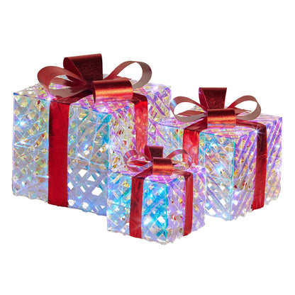 Christabelle Set of 3 Christmas Gift Boxes With Lights - Clear Shimmer With Red Bows