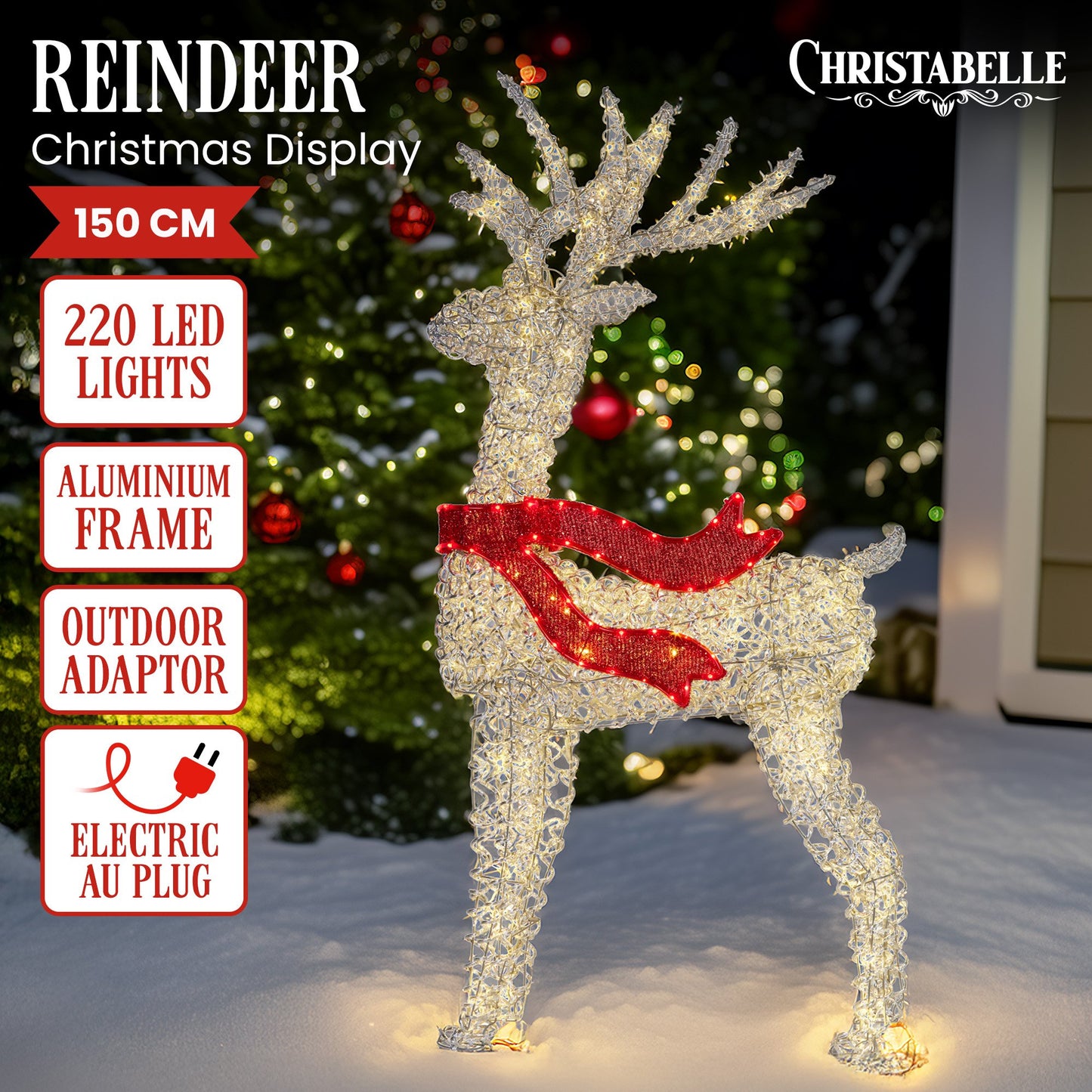Christabelle Large 1.5m Christmas Reindeer Outdoor Indoor Light-Up Display Decoration Lawn Statue LED Lights Red Bow