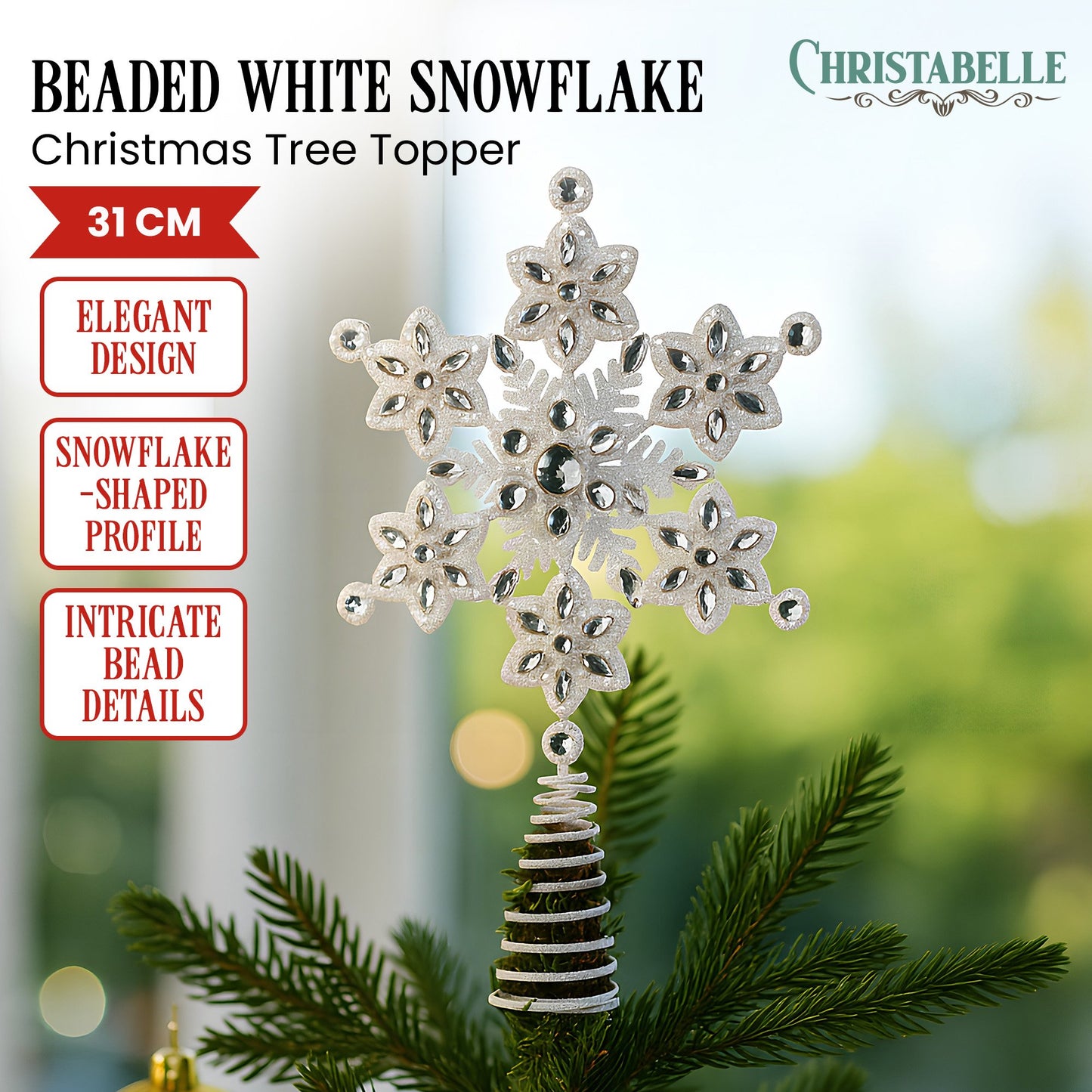 Christabelle Snowflake Christmas Tree Topper – Beaded Decoration Ornament