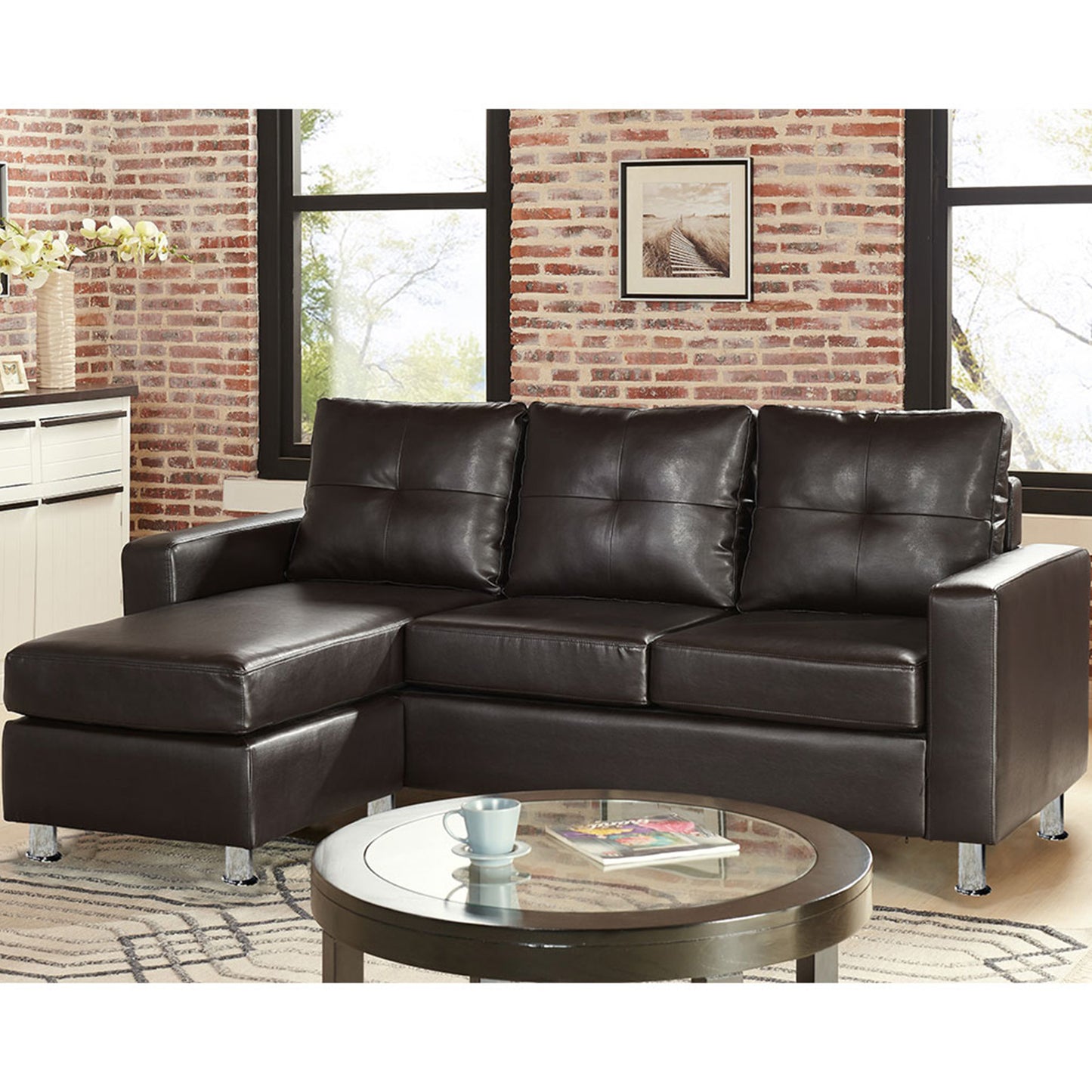 Sarantino Corner Sofa Lounge Chaise - Faux Leather Brown