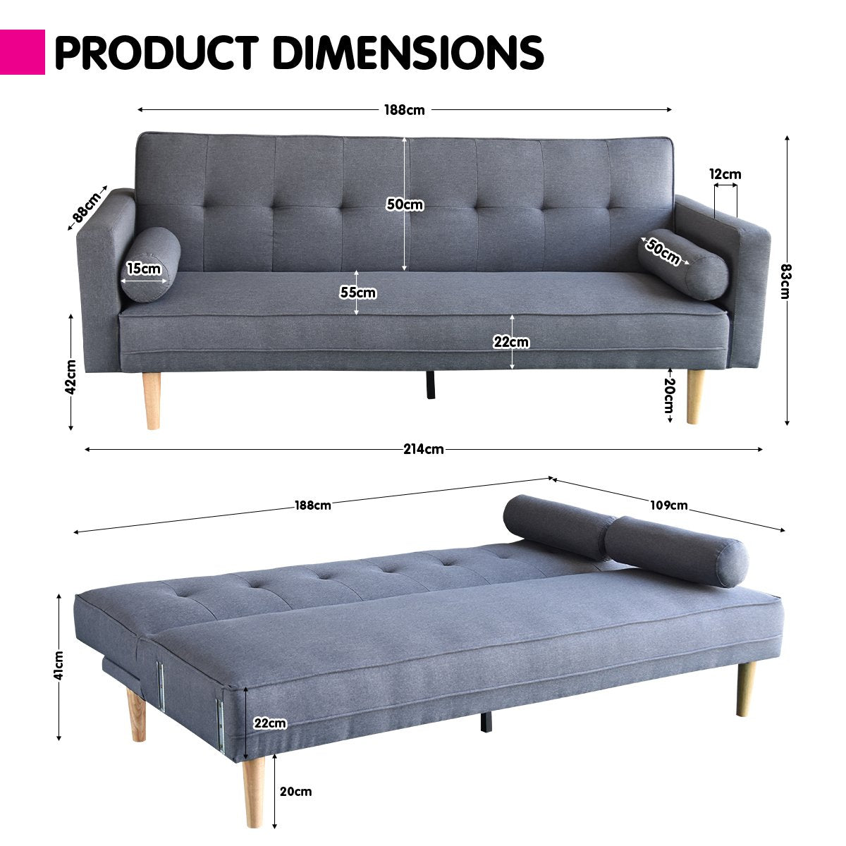 Sarantino Madison Sofa Bed Lounge - Dark Grey