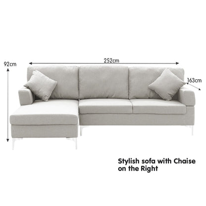 Sarantino Linen Corner L-shape W/right Chaise Sofa Couch - Light Grey
