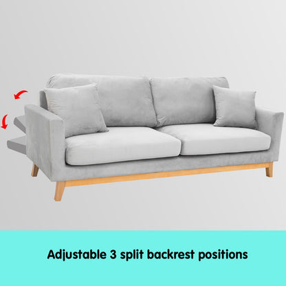 Sarantino 3 Seater Faux Velvet Sofa Bed Couch Furniture - Light Grey