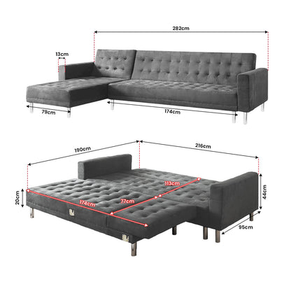 Sarantino Faux Velvet Corner Wooden Sofa Bed Couch with Chaise - Grey