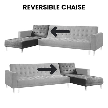 Sarantino Faux Velvet Corner Wooden Sofa Bed Couch with Chaise - Grey