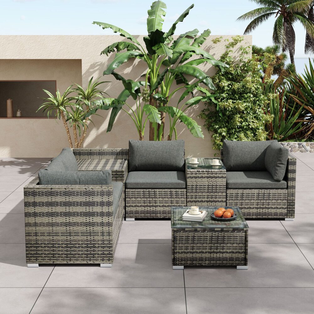 7PC Outdoor Wicker Lounge with Storage Corner - Grey