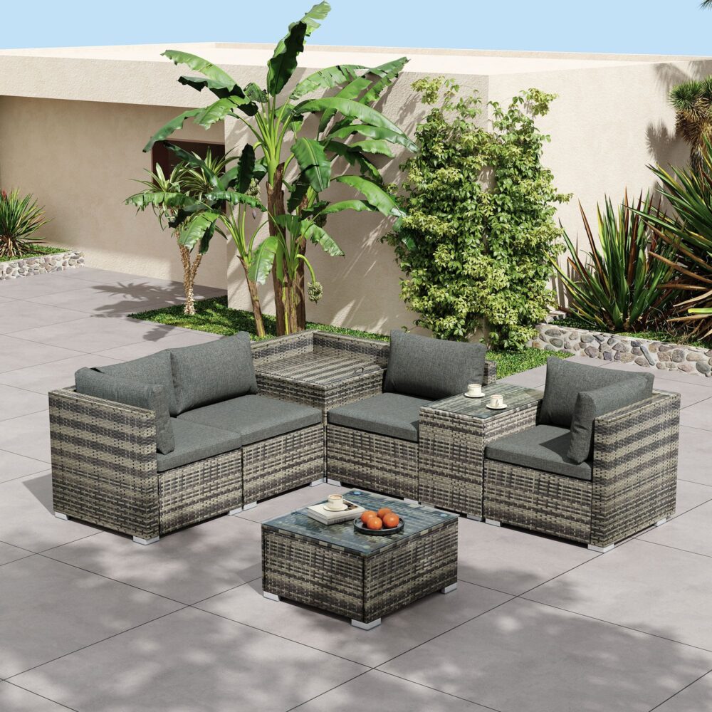 7PC Outdoor Wicker Lounge with Storage Corner - Grey