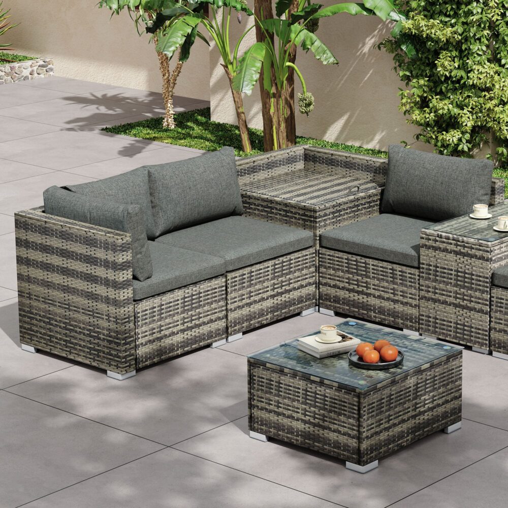7PC Outdoor Wicker Lounge with Storage Corner - Grey