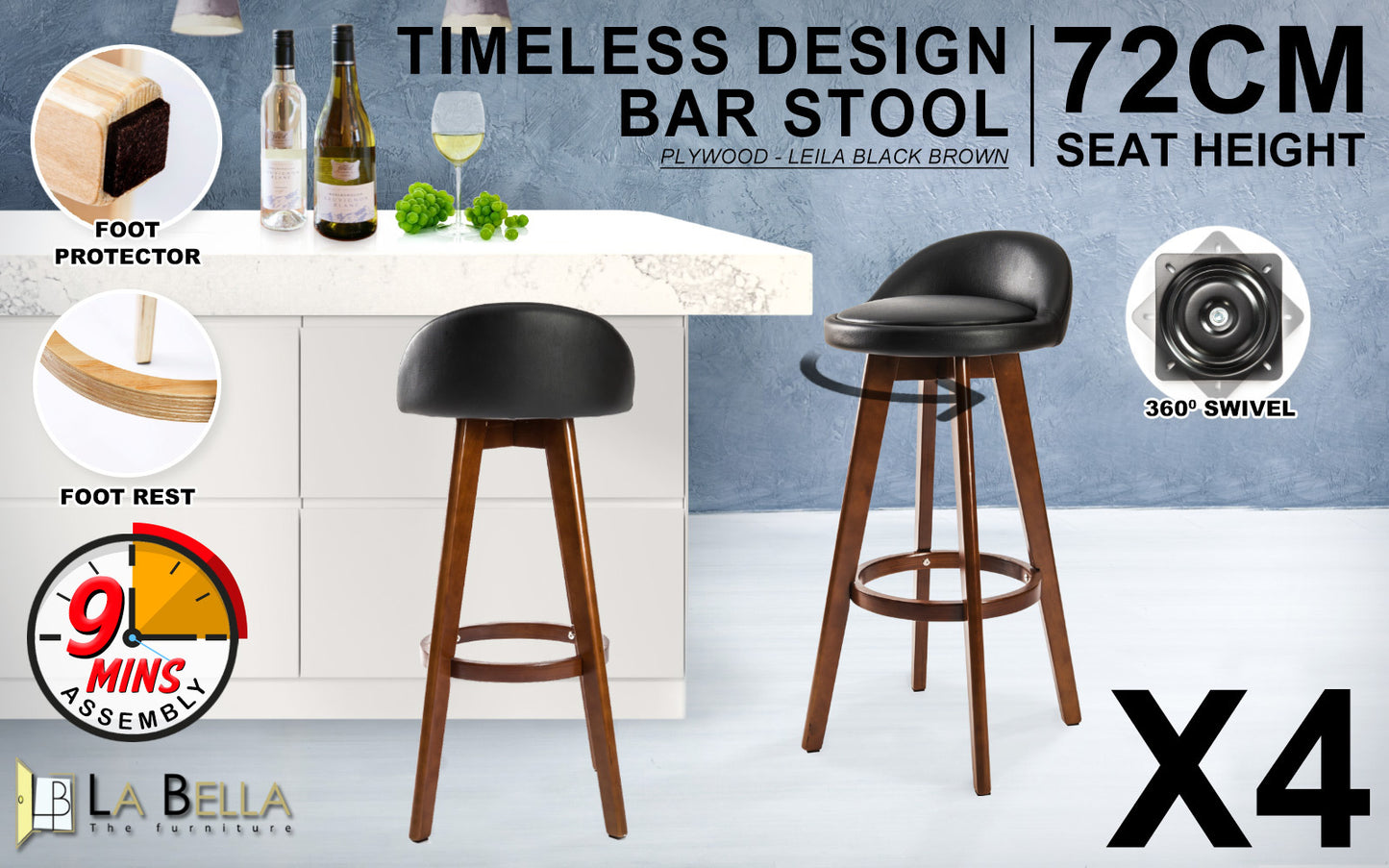 Set of 4 Leila Wooden Bar Stool - Black
