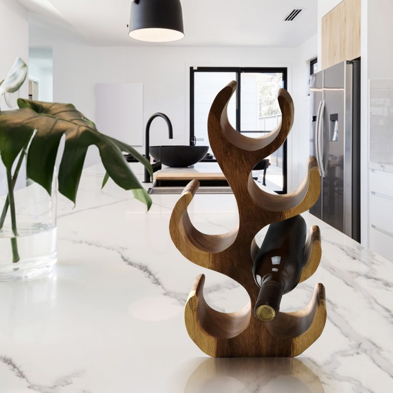 Handcrafted Carved Wooden Wine Rack 6 bottle - Acacia Wood