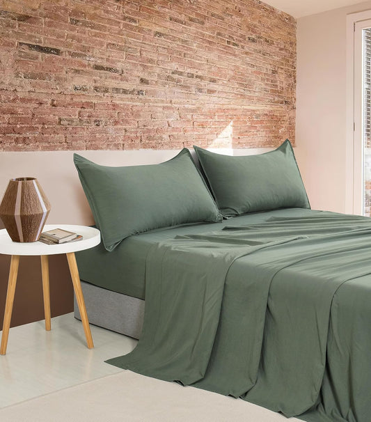 Vintage Washed Microfibre Sheet Set with 2 Pillowcases - Khaki Green