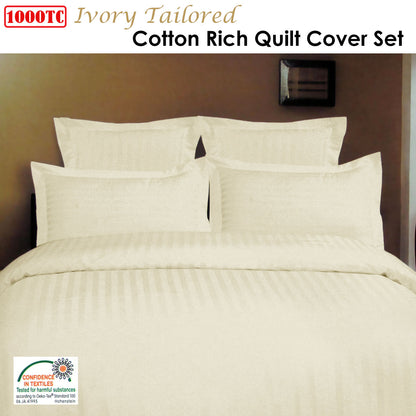 1000TC Self Striped Tailored Quilt Cover Set - 3PC Ivory