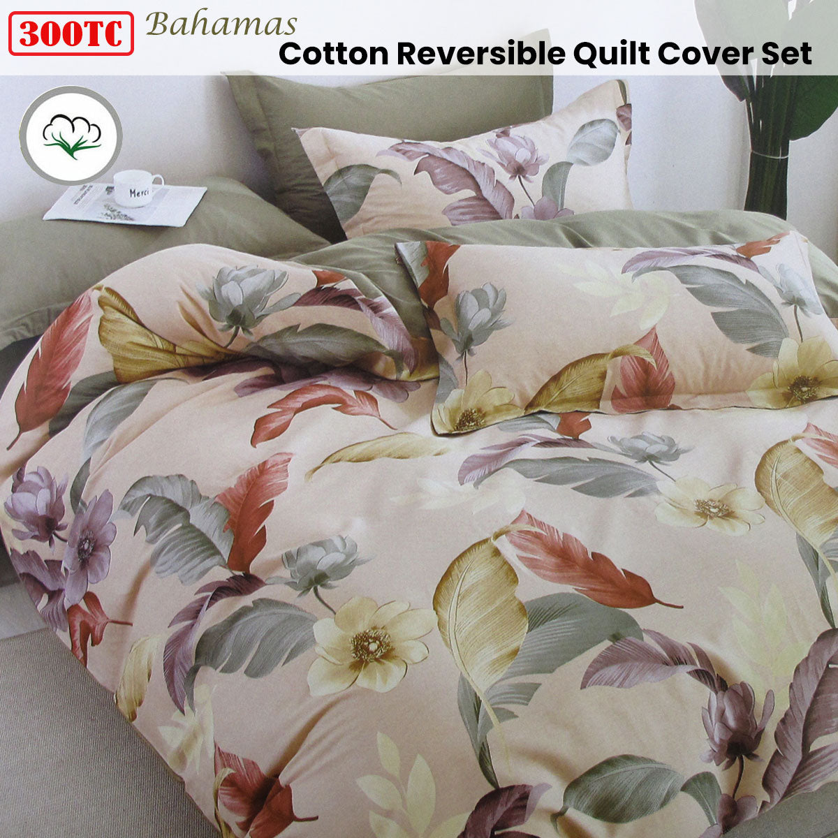 Bahamas Taupe Reversible Cotton Quilt Cover Set - 3PC