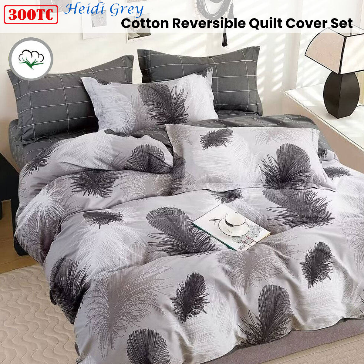 Heidi Grey Reversible Cotton Quilt Cover Set - 3PC