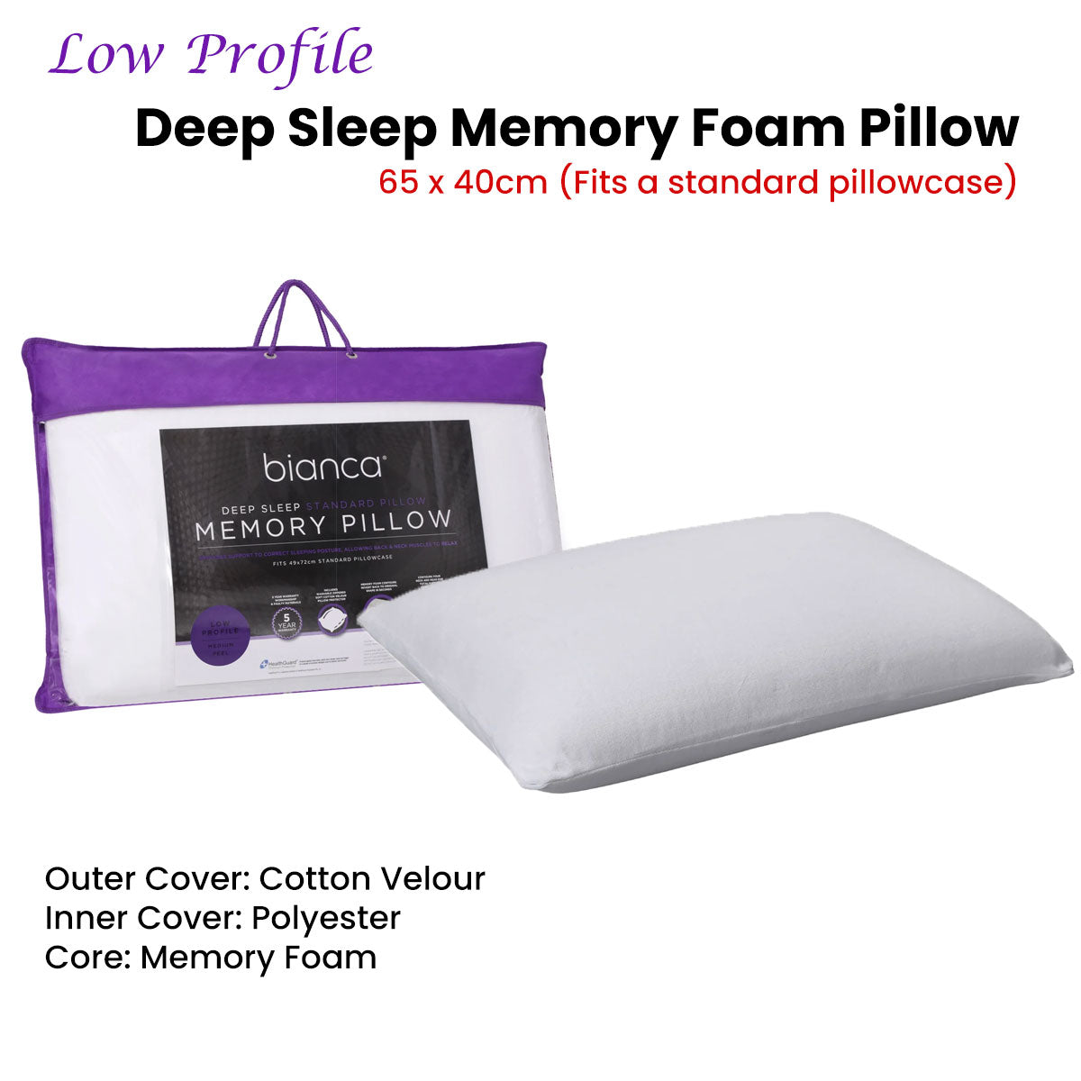 Memory Foam Low Profile Standard Pillow 65 x 40 cm