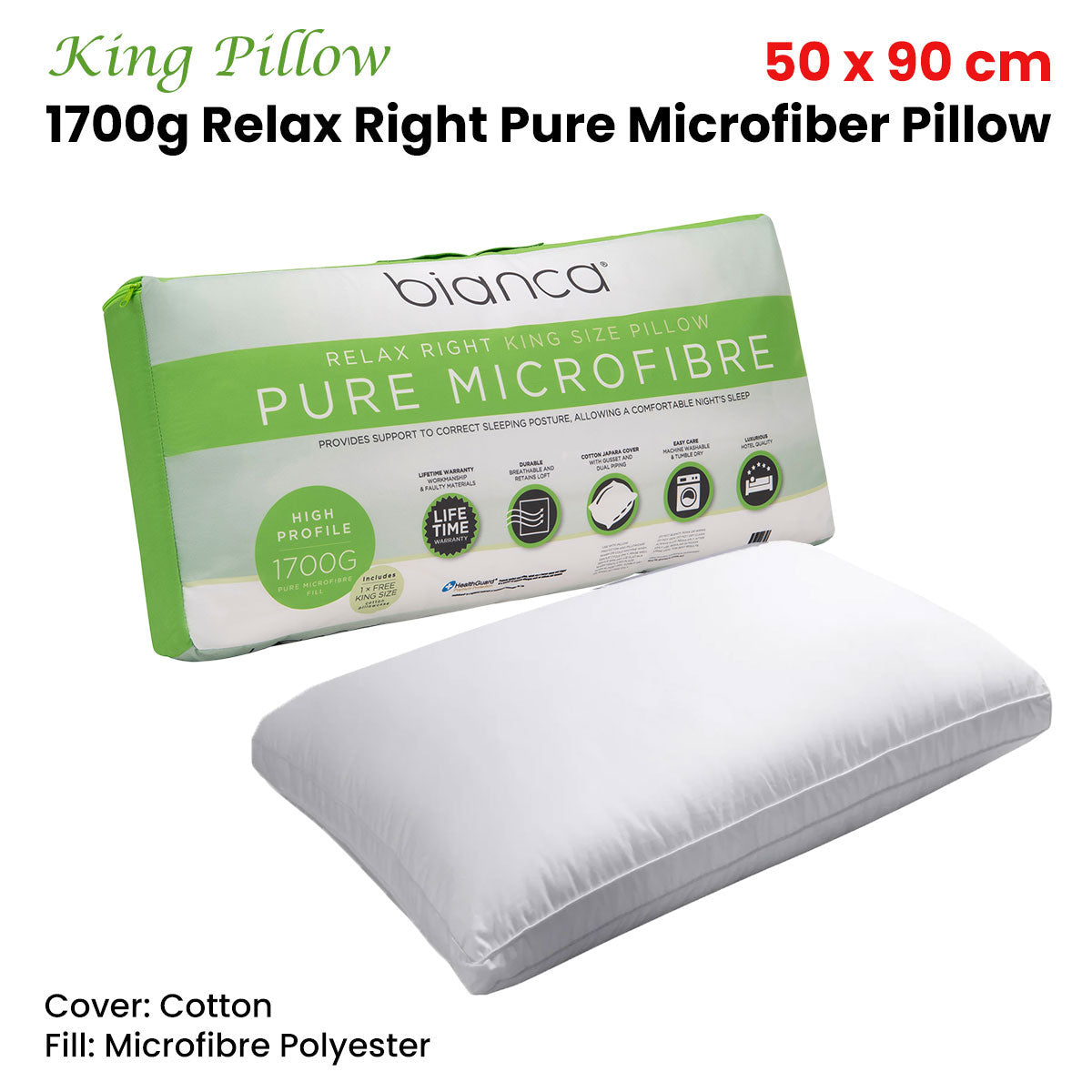 1700g Relax Right Pure Microfiber King Pillow 50 x 90cm