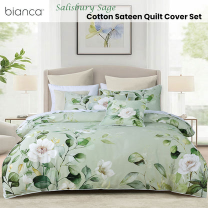 Salisbury Sage Floral Cotton Sateen Quilt Cover Set - 3PC