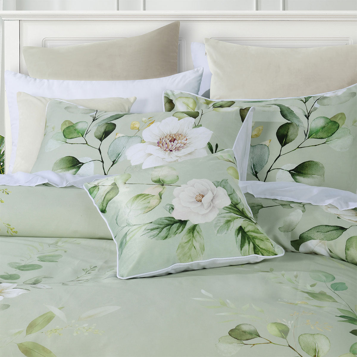 Salisbury Sage Floral Cotton Sateen Quilt Cover Set - 3PC