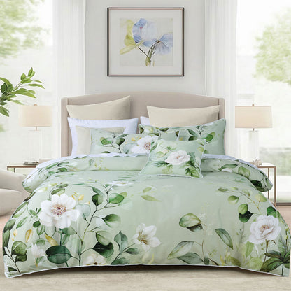 Salisbury Sage Floral Cotton Sateen Quilt Cover Set - 3PC