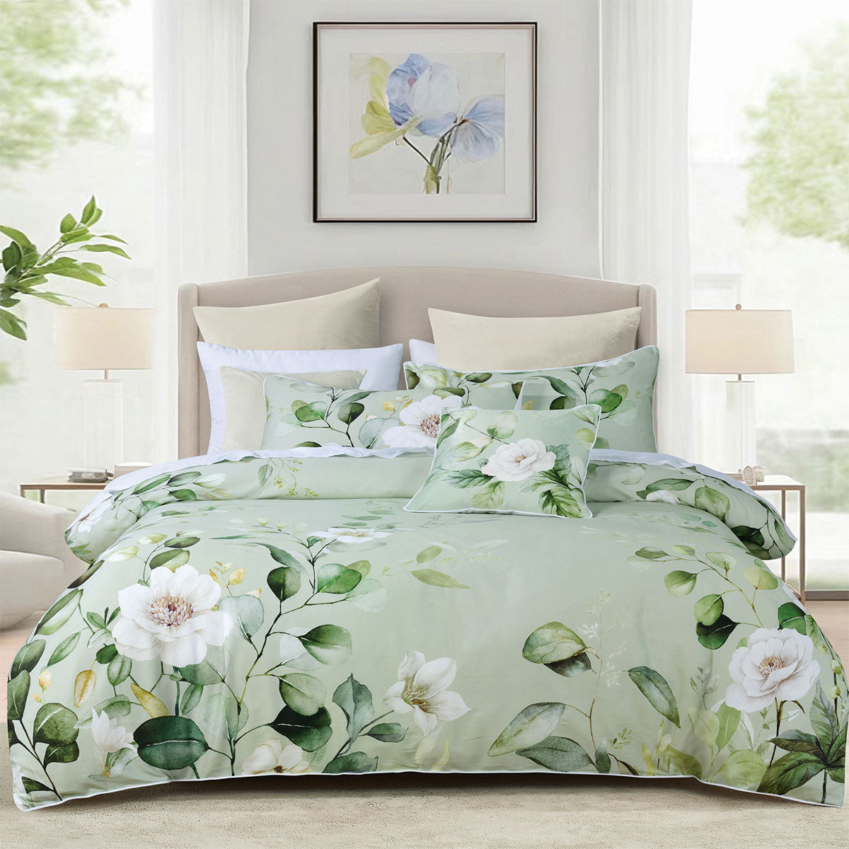 Salisbury Sage Floral Cotton Sateen Quilt Cover Set - 3PC