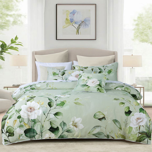 Salisbury Sage Floral Cotton Sateen Quilt Cover Set - 3PC
