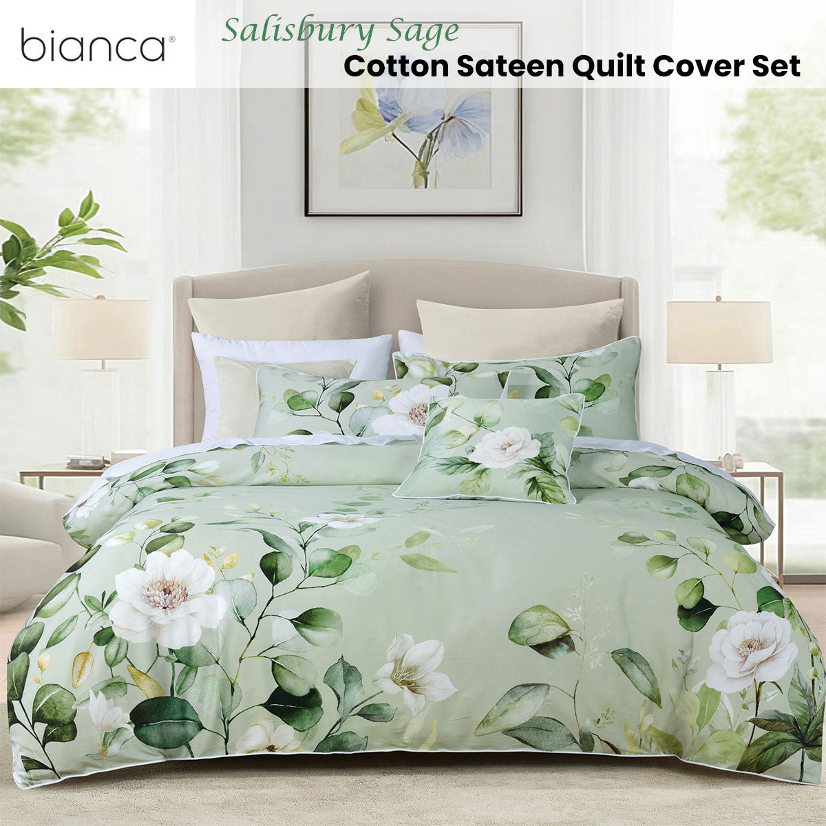 Salisbury Sage Floral Cotton Sateen Quilt Cover Set - 3PC