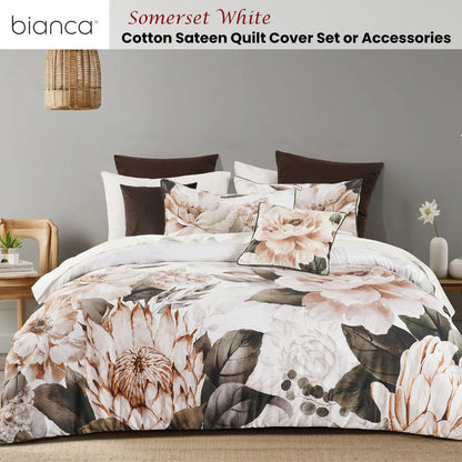 Somerset White Cotton Sateen Floral Quilt Cover Set - 3PC
