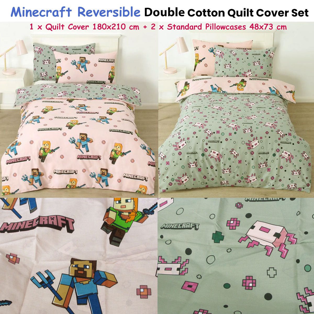 Minecraft Reversible Cotton Boys Girls Quilt Cover Set - 3PC