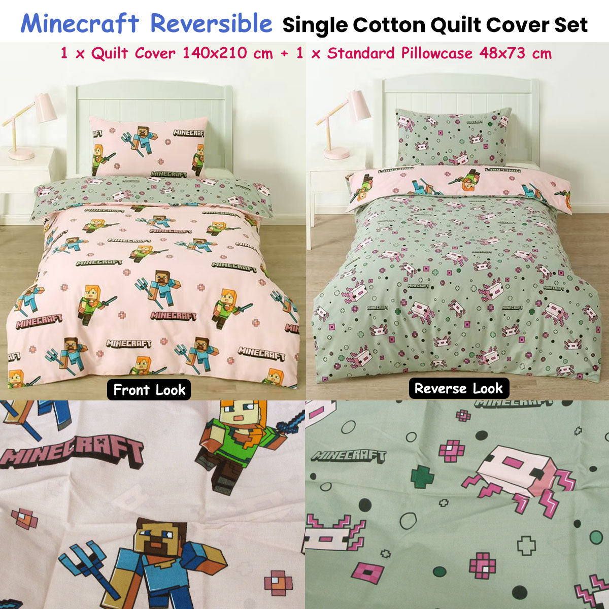 Minecraft Reversible Cotton Quilt Cover Set - 2PC