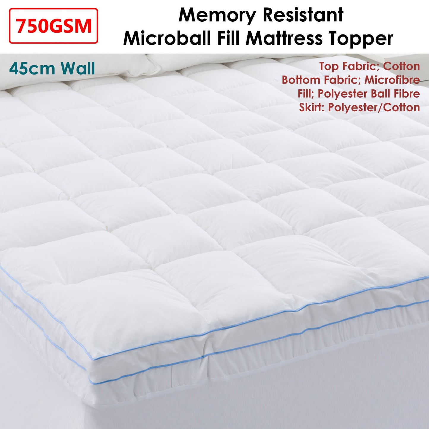 750GSM Memory Resistant Microball Fill Mattress Topper - Super King