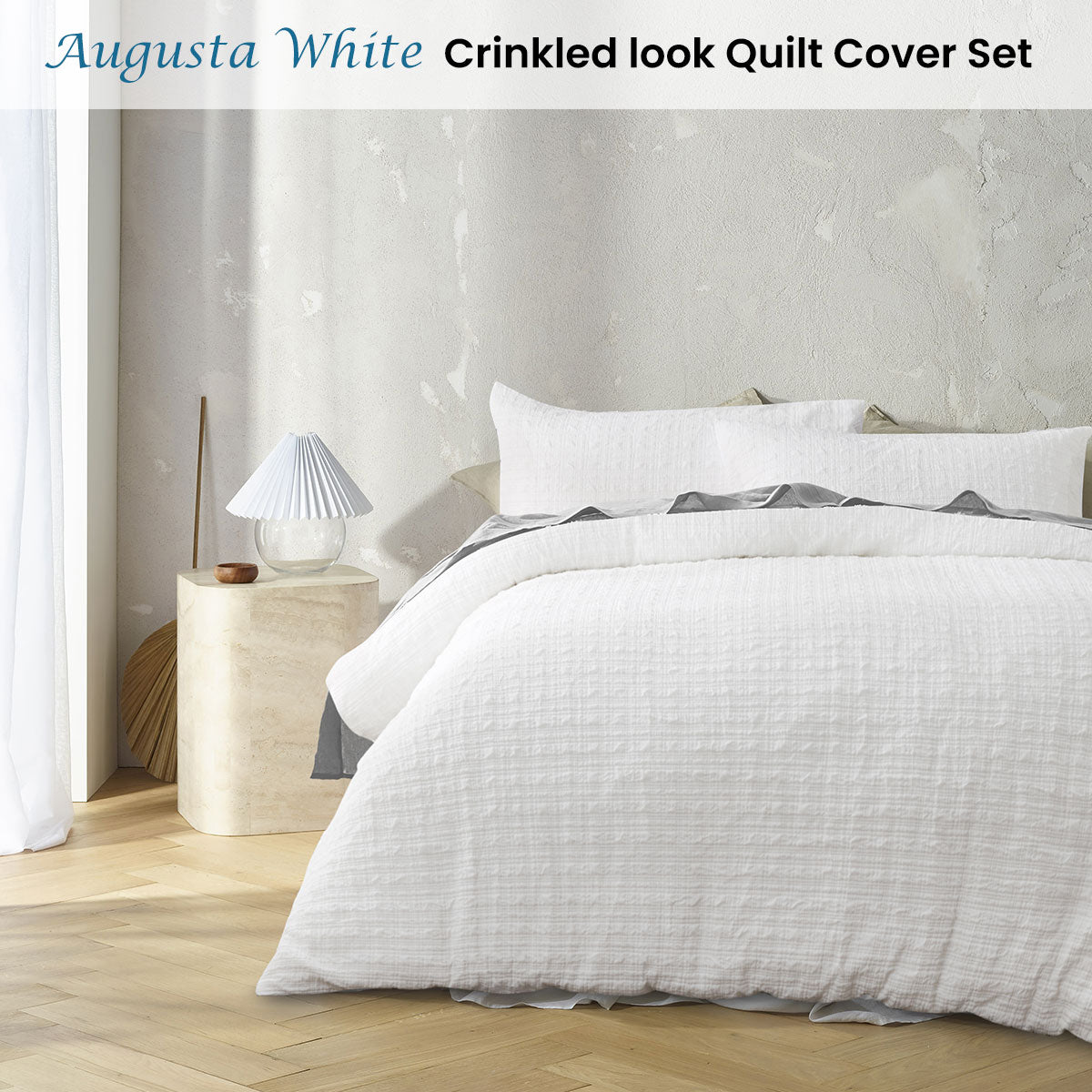Augusta White Ruched Quilt Cover Set - 3PC
