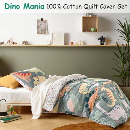 Dino Mania Green Cotton Quilt Cover Set - 3PC