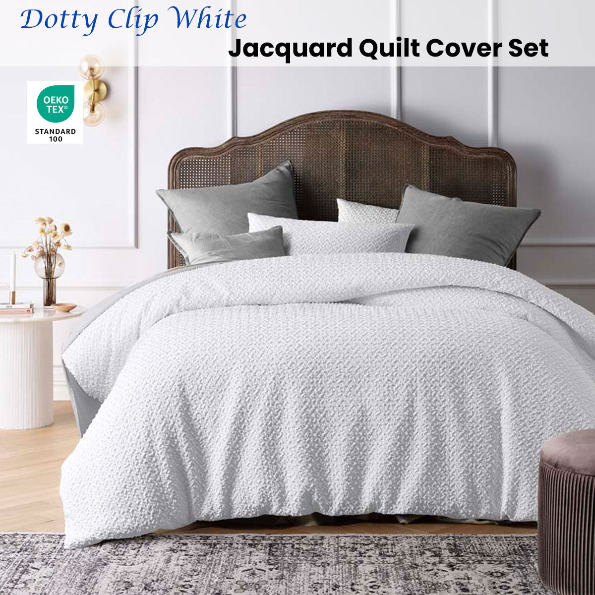 Dotty Clip White Jacquard Quilt Cover Set - 3PC