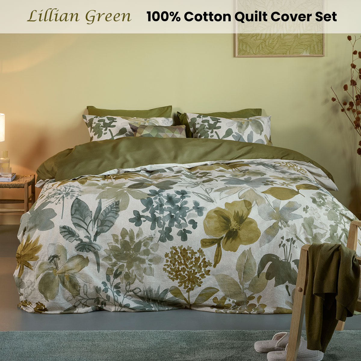 Lilian Green Cotton Percale Quilt Cover Set - 3PC