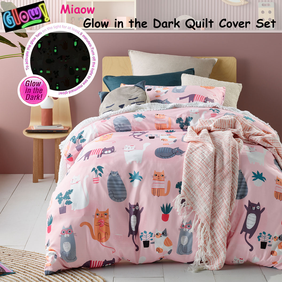 Miaow Quilt Cover Set - 2PC Glow in the Dark