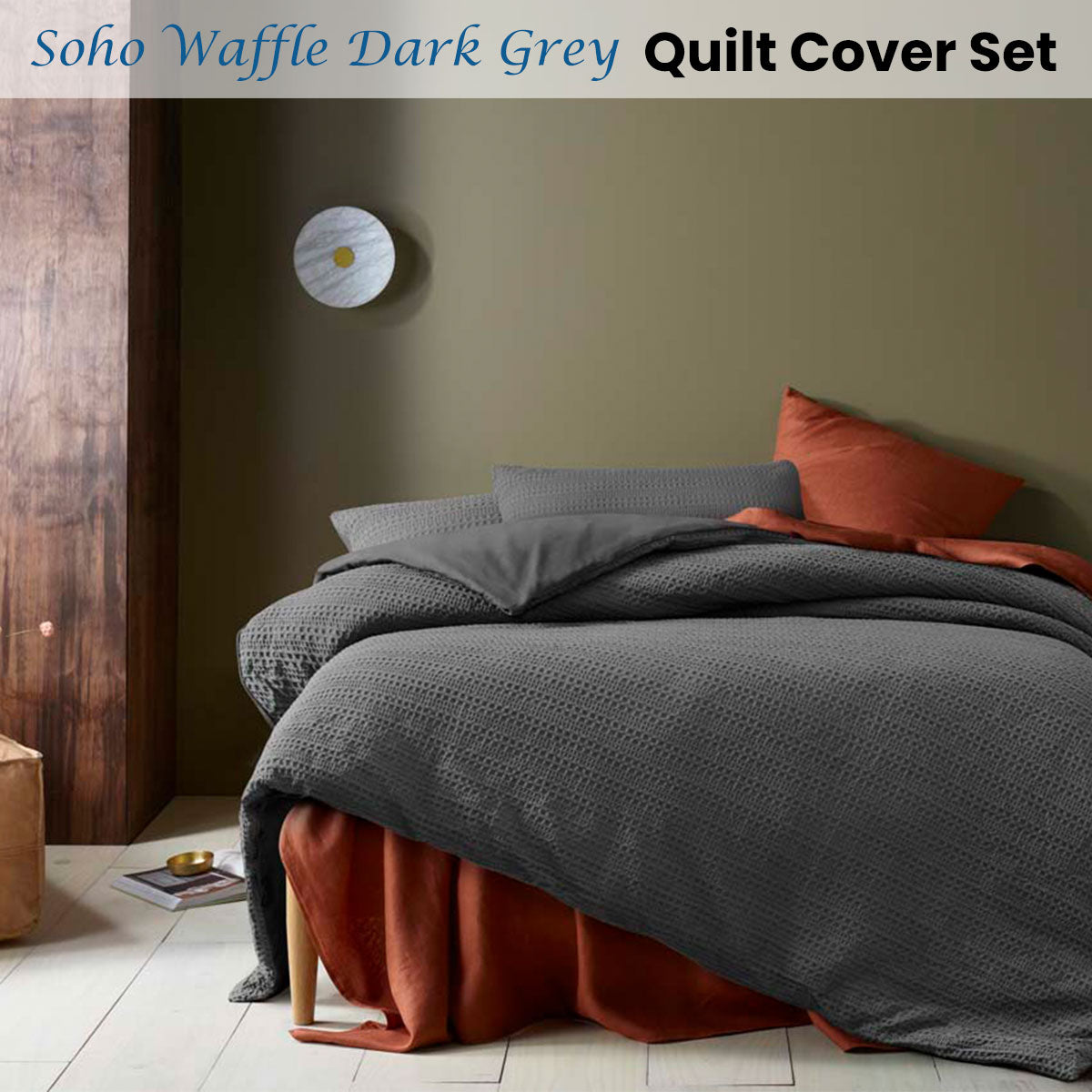 Dark Grey Soho Waffle Quilt Cover Set - 3PC