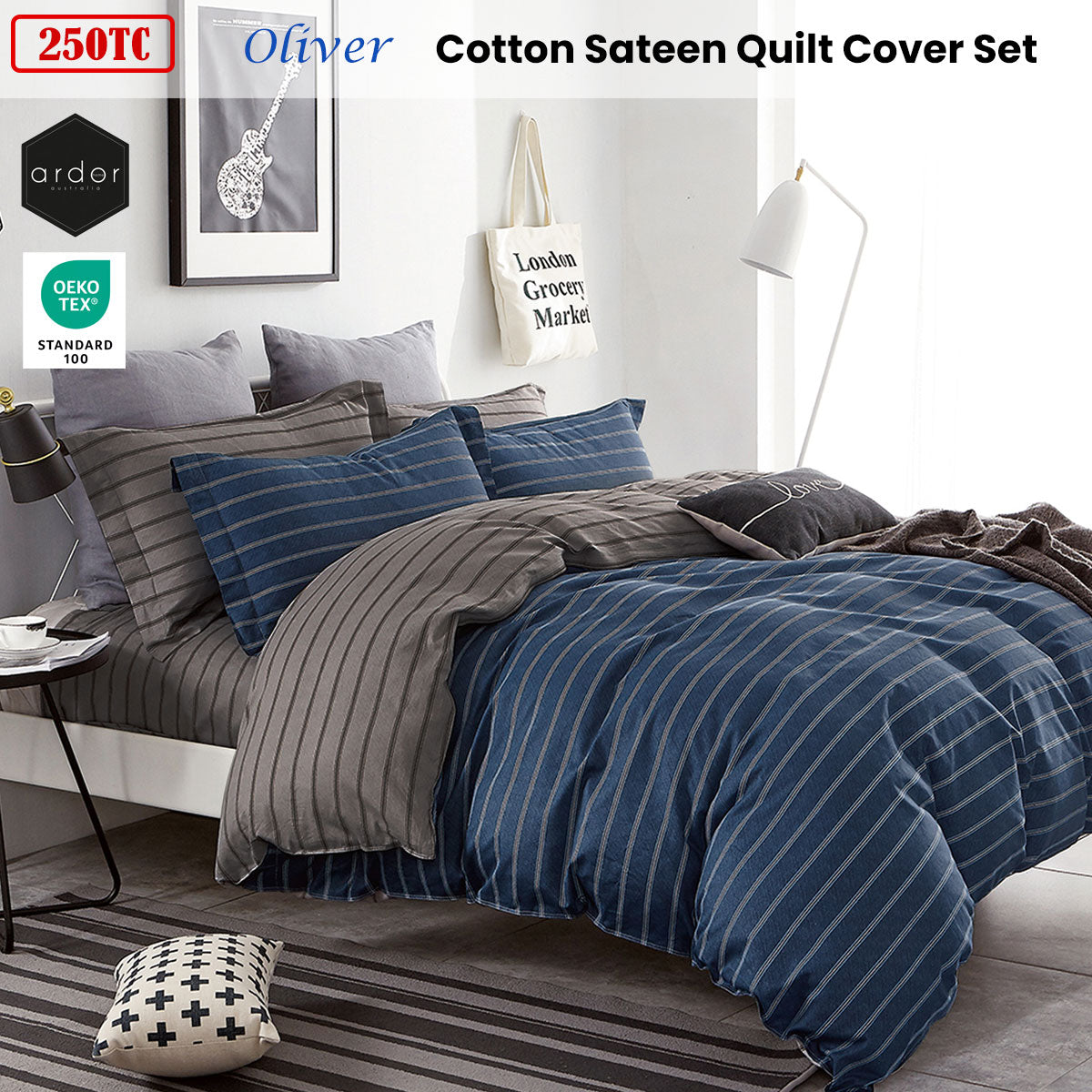 Oliver Stripes Cotton Sateen Quilt Cover Set - 3PC