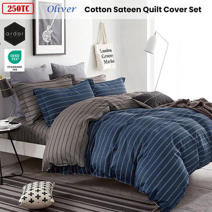 Oliver Stripes Cotton Sateen Quilt Cover Set - 3PC
