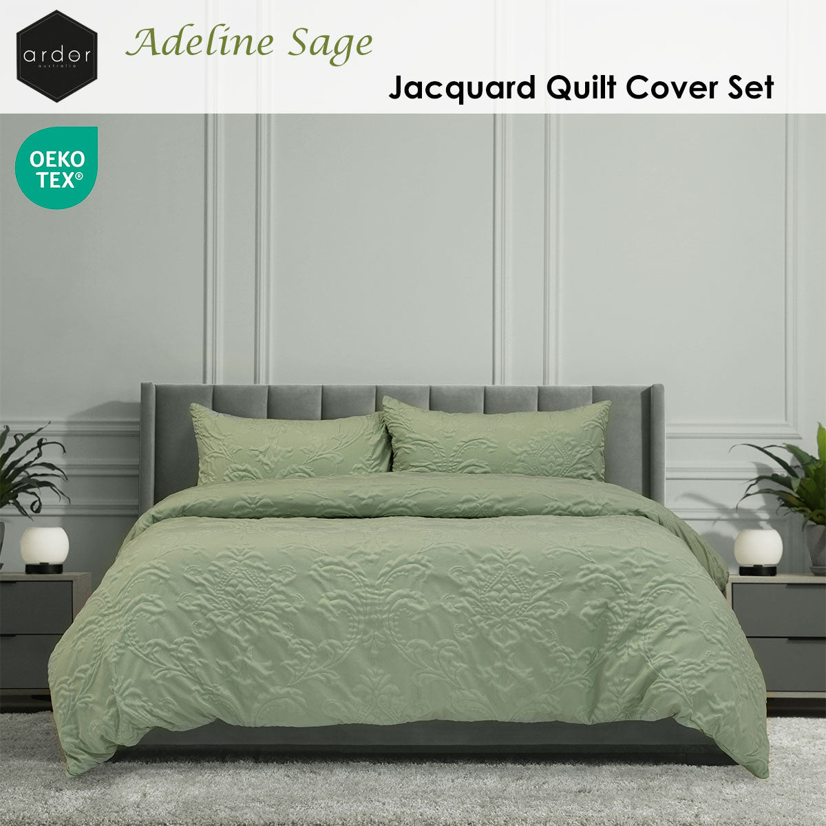 Adeline Sage Jacquard Damask Quilt Cover Set - 3PC